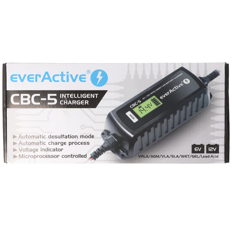 everActive Schnell-Ladegerät mit LCD-Display für 6 Volt und 12 Volt für Auto-, Motorrad-, Bleisäure-, PB, Gel, AGM Akku