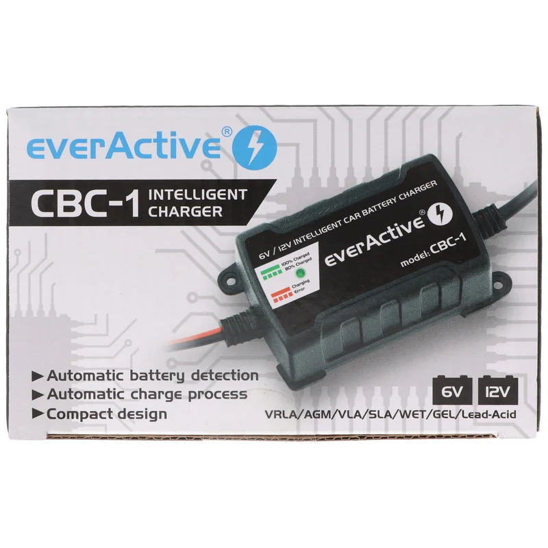 EverActive Ladegerät für 6 Volt und 12 Volt für Auto-, Motorrad-, Bleisäure-, PB, Gel, AGM Akku 2-24A