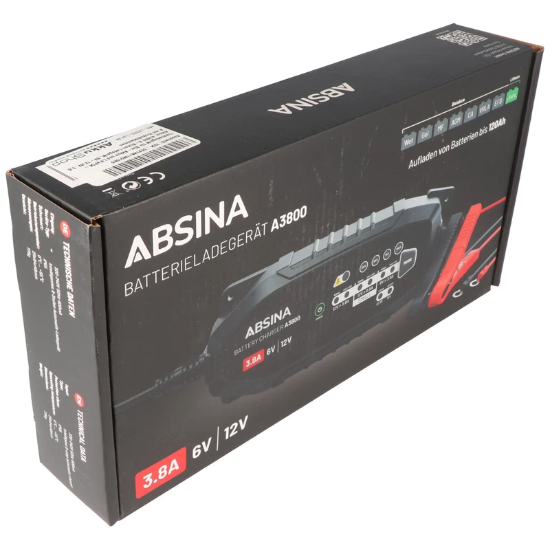 Absina Tischladegerät für Blei-Akkus und LiFePO4-Akkus, A3800 8-Stufen Ladegerät, 6V-12,8V, 3,8 A mit Krokodilklemmen