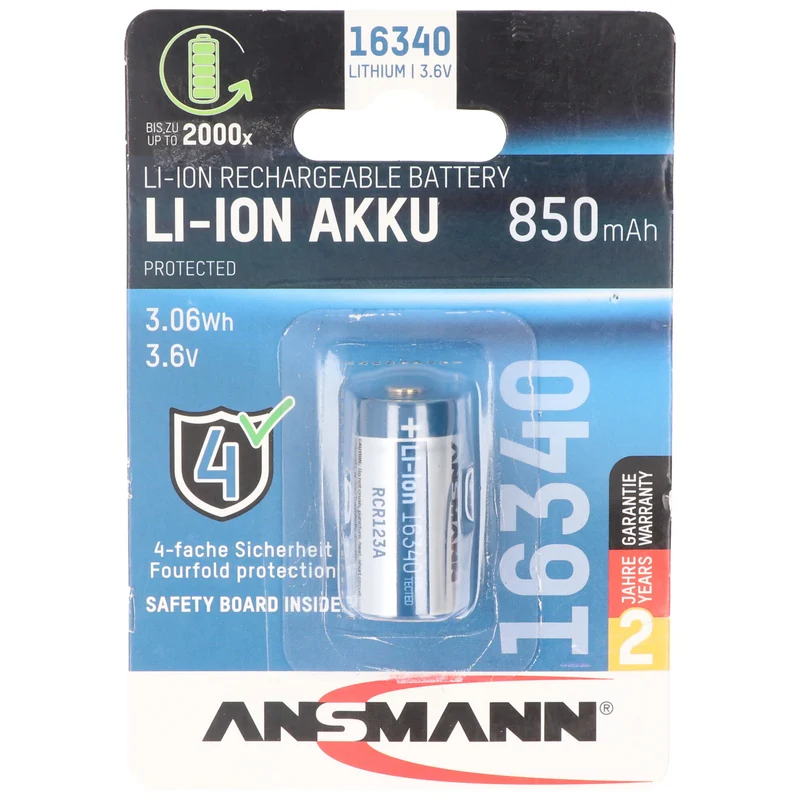 Ansmann Li-ion Akku CR123A, 16340, 3,6V bis 3,7V, 850mAh Schutzbeschaltung