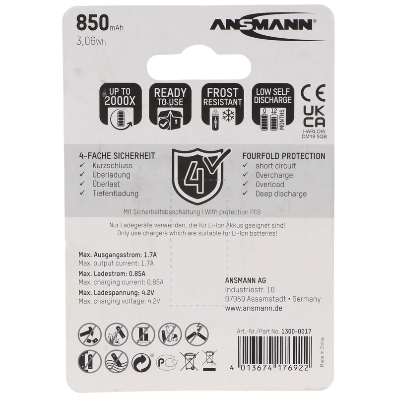 Ansmann Li-ion Akku CR123A, 16340, 3,6V bis 3,7V, 850mAh Schutzbeschaltung