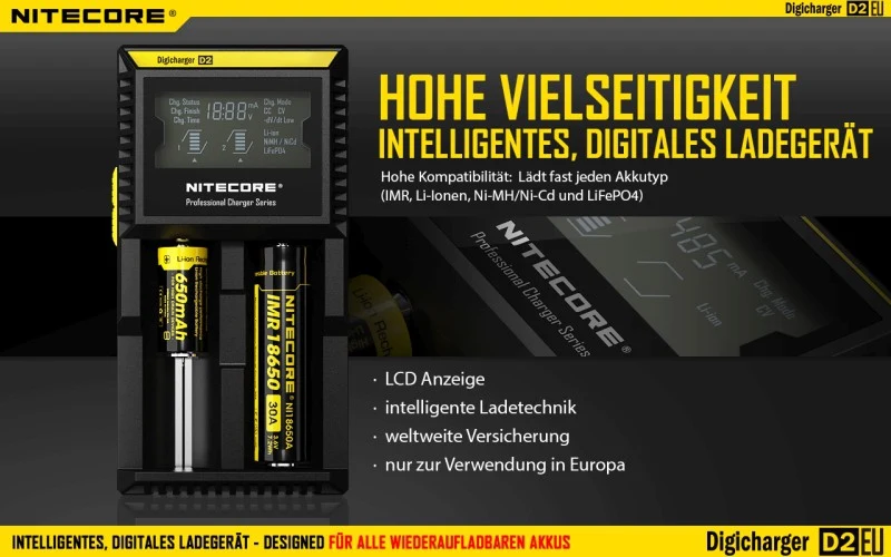 Nitecore Digicharger D2 EU - Ladegerät für Li-Ion, Ni-MH, Ni-CD und LIFePo4 Akkus