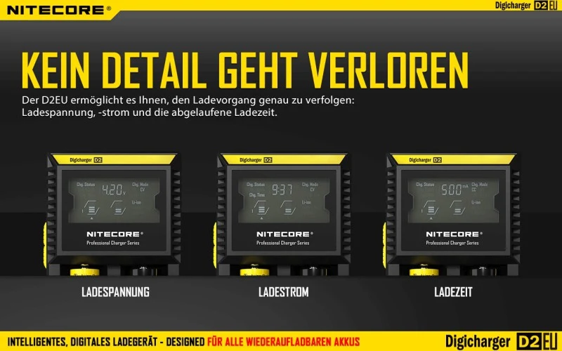 Nitecore Digicharger D2 EU - Ladegerät für Li-Ion, Ni-MH, Ni-CD und LIFePo4 Akkus