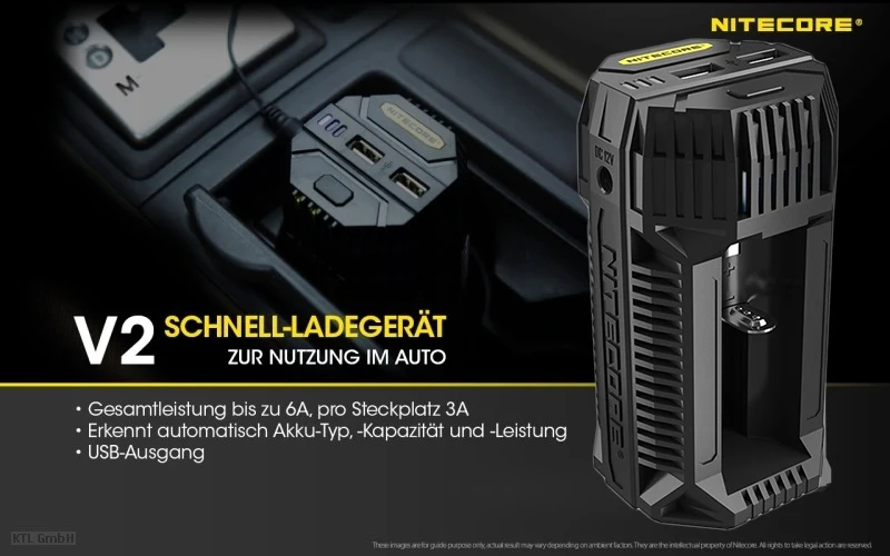 Nitecore V2 KFZ Ladegerät für Li-Ion und NIMH Akkus