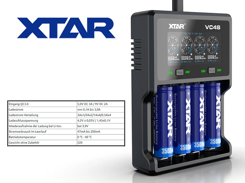 Xtar VC4S - Ladegerät für Li-Ion 3,6V - 3,7V und NIMH 1,2V (1,5V) Akkus