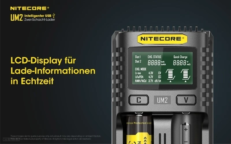Nitecore UM2 USB-Ladegerät QC 2.0 Li-Ion Akkus, bis zu 78mm Akkus