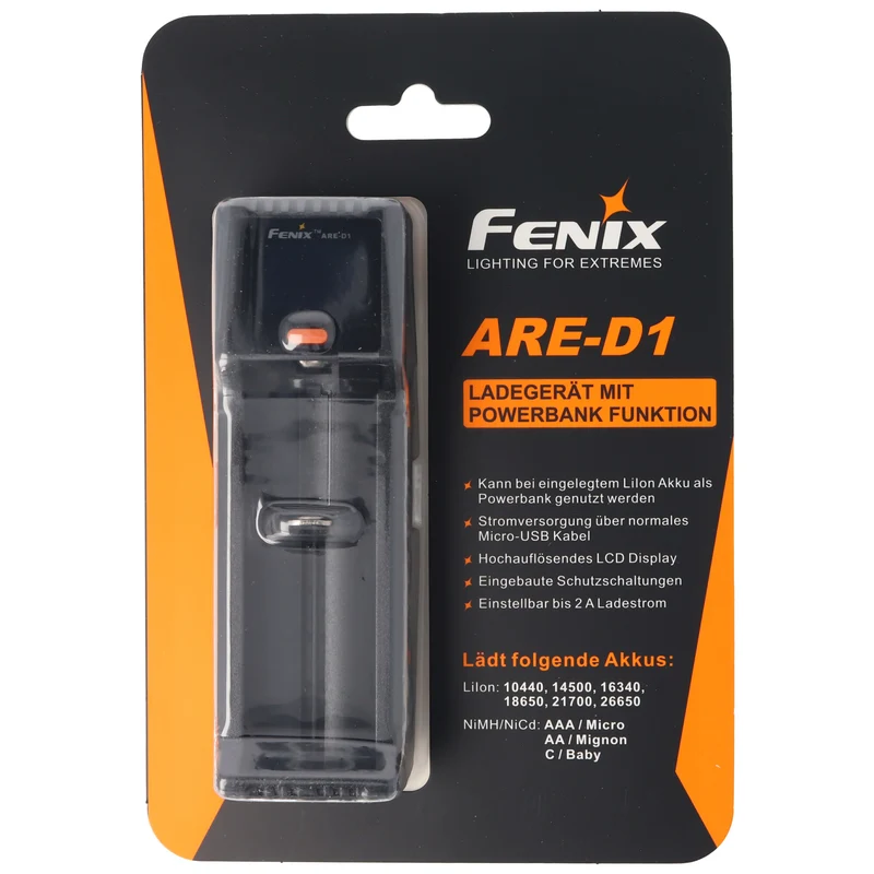 Fenix ARE-D1 Einschacht-Ladegerät passend für 21700, 18650, 26650, 16340, 14500, 10440 Li-Ion, NiMH und NiCd Akkus