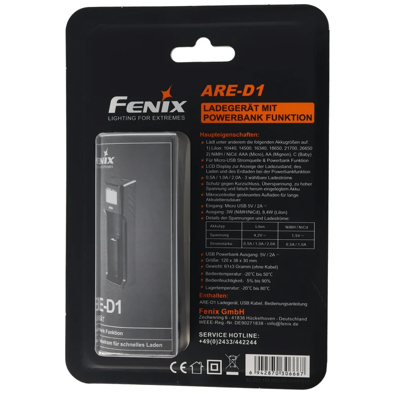 Fenix ARE-D1 Einschacht-Ladegerät passend für 21700, 18650, 26650, 16340, 14500, 10440 Li-Ion, NiMH und NiCd Akkus
