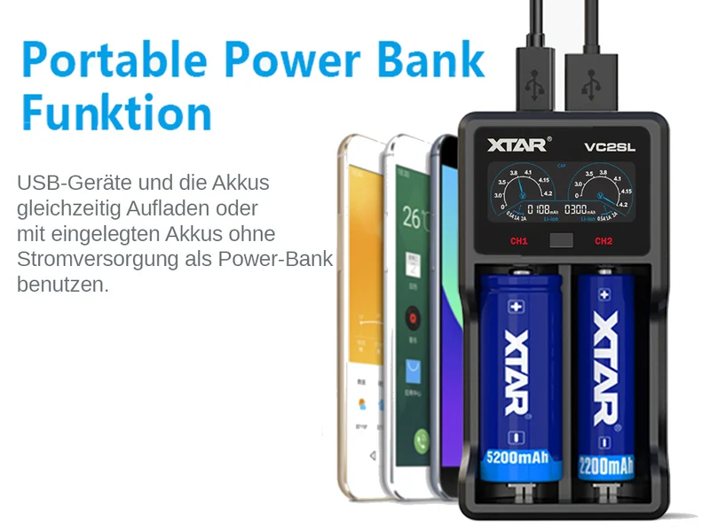 Xtar VC2SL - Ladegerät für Li-Ion und NIMH Akkus inkl. USB-Kabel