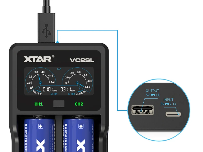 Xtar VC2SL - Ladegerät für Li-Ion und NIMH Akkus inkl. USB-Kabel