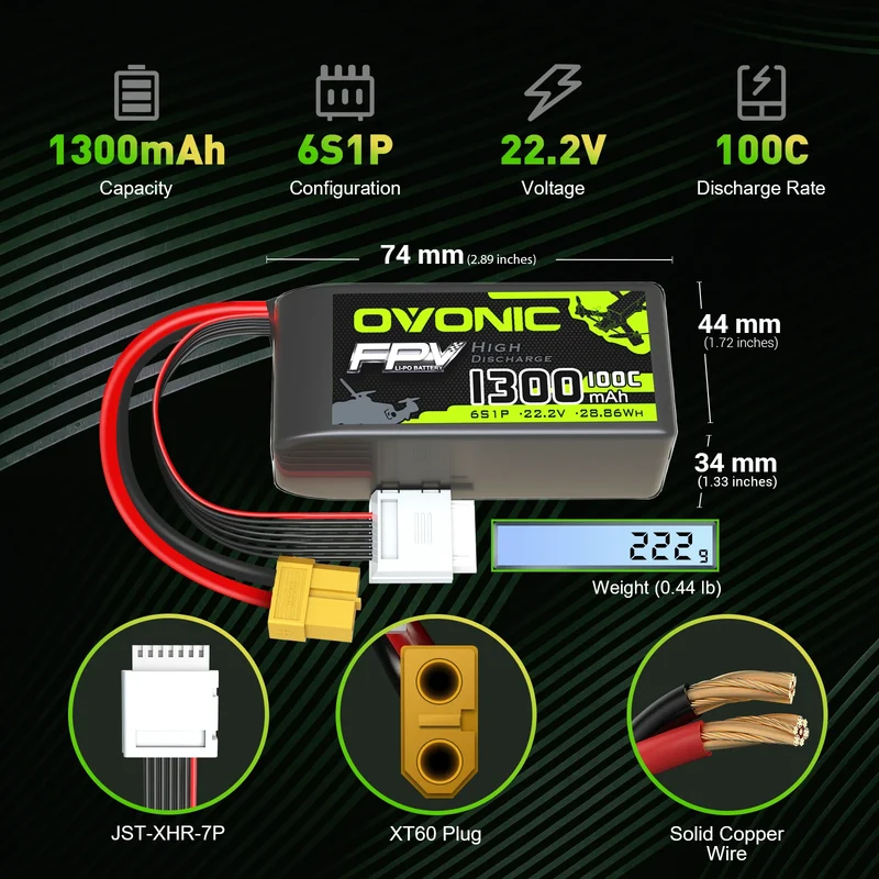 Ovonic FPV 6S 1300mAh 22,2V 100C XT60 LiPo Akku (2 Stück)