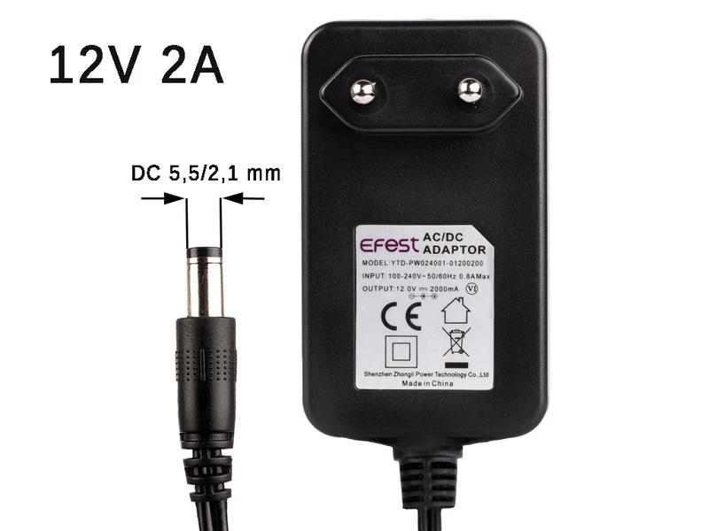 Netzteil 12 Volt / 2 Ampere / 24 Watt mit DC Stecker 5,5 mm x 2,1 mm