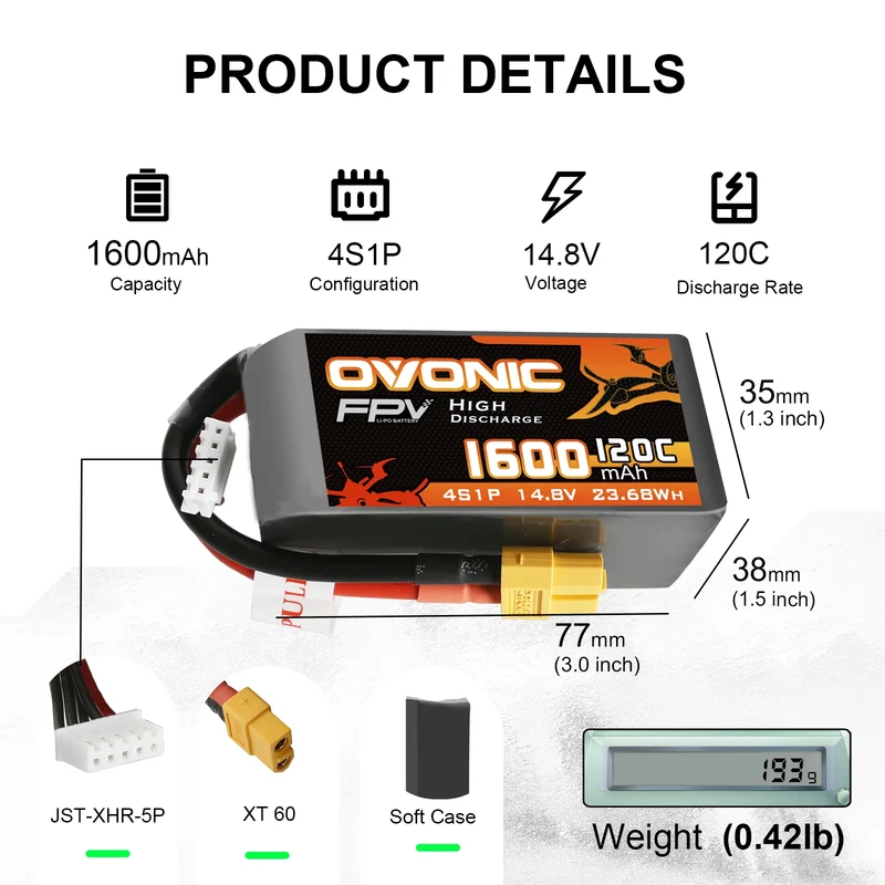 Ovonic FPV 4S 1600mAh 120C 14,8V HV XT60 LiPo Akku