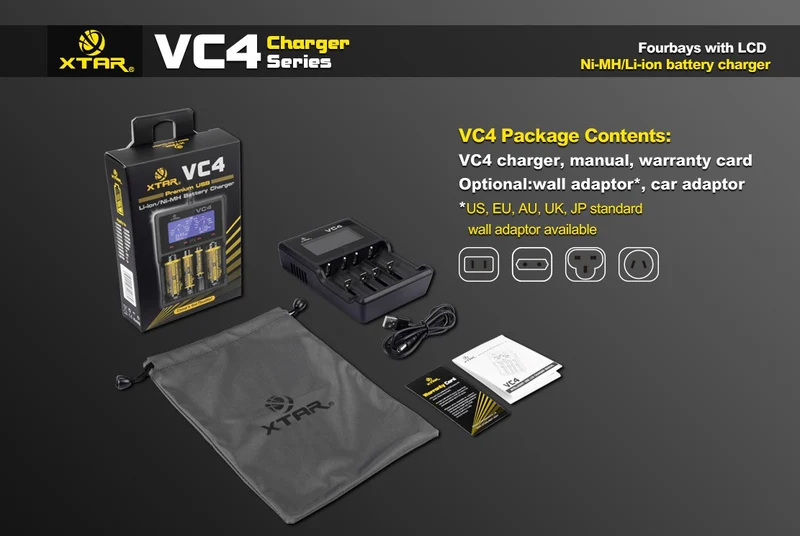 Xtar VC4 - Ladegerät für Li-Ion 3,6V - 3,7V und NIMH Akkus + USB-Kabel