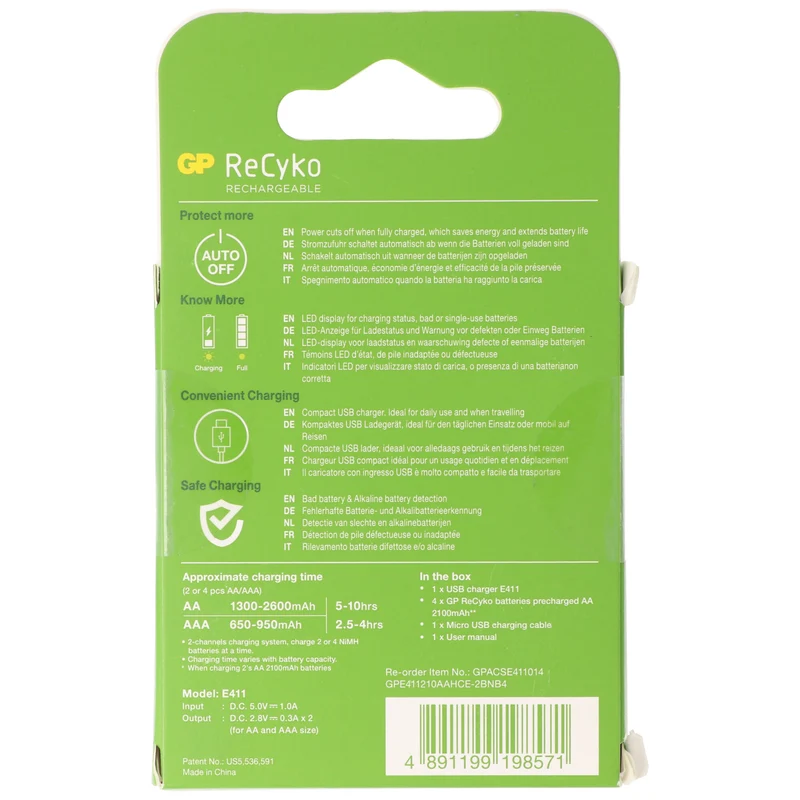 GP Batteries USB-Modell Ladegerät GP E411 inkl. 4x ReCyko 1,2V AA Mignon 2100 mAh Akkus