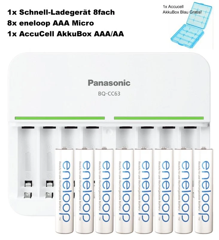 Panasonic eneloop bk-4mcc 8 Stück AAA Micro Akkus, 8fach eneloop Standard Schnell-Ladegerät und AccuCell Akkubox AAA/AA