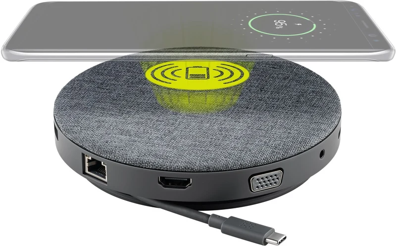 Goobay USB-C 11 in 1 Multiport Dock mit Wireless Fast Charging, vereint die gängigsten Anschlüsse, Stromabgabe 100 W, edle Stoffverzierung
