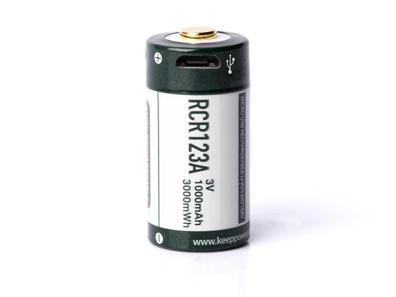 Keeppower RCR123A - 3V - 1000mAh Lithium Ionen Akku (Wiederaufladbar über micro USB)