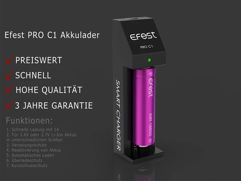 Efest PRO C1 effizientes 1-Schacht-Schnelladegerät für Li-Ionen Akkus