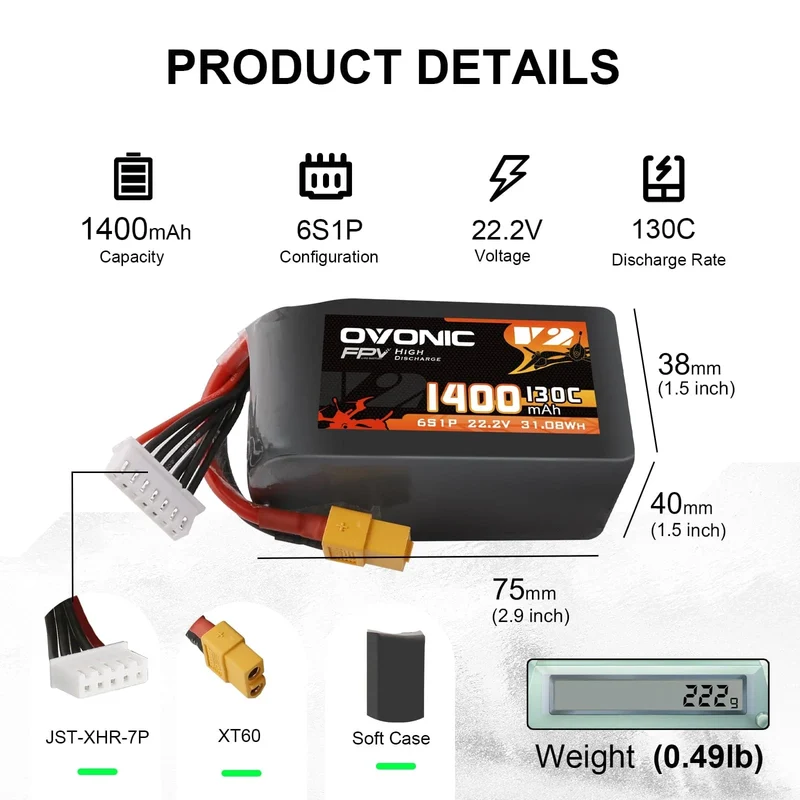 Ovonic 6S 1400mAh 130C 22,2V XT60 Lipo Akku Pack (2 St.)