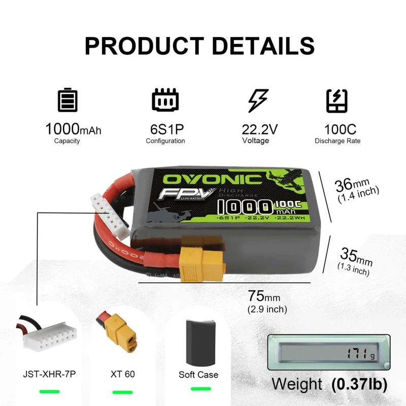 Ovonic FPV 6S 1000mAh 22,2V 100C XT60 LiPo Akku (2 Stück)