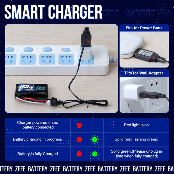 Zeee Li-Ion 2S 2000mAh 7,4V 15C SM 2P-Anschluss USB-Ladegerät (2 Stück)