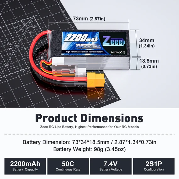Zeee 2S 2200mAh 7,4V 50C XT60 Shorty Lipo Akku (2 Stück)
