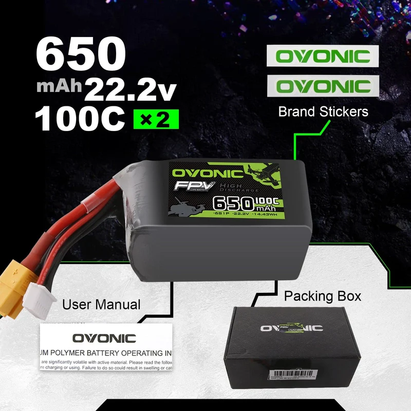 Ovonic 6S 650mAh 100C 22,2V XT30 LiPo Akku Pack (2 St.)