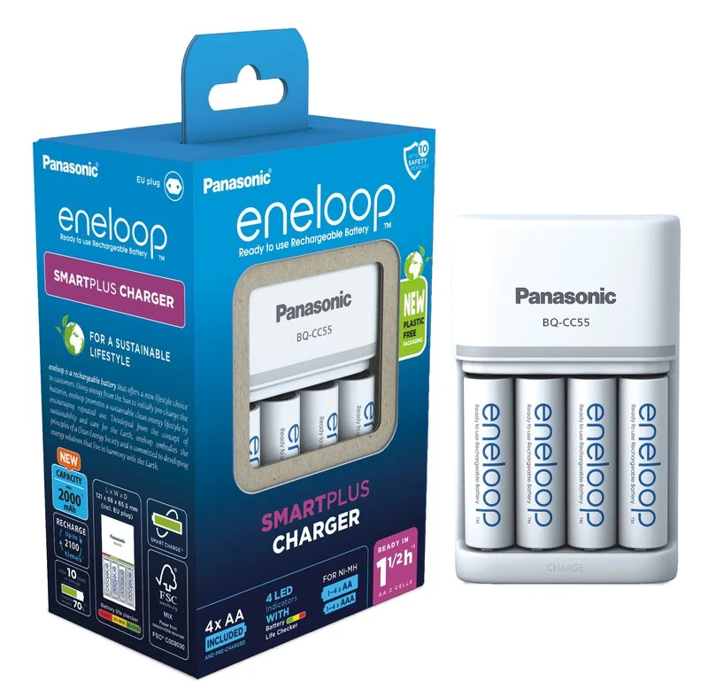 Panasonic Ladegerät Smartplus Charger BQ-CC55E + 4x Eneloop AA Akku