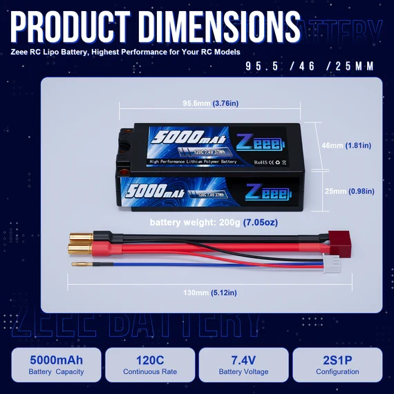 Zeee 2S 5000mAh 7,4V 120C Shorty 5mm Bullet Deans Hardcase (2 Stück)