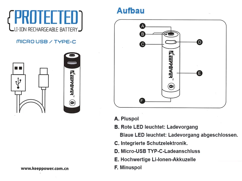 Keeppower 14500 - 1100mAh Li-Ionen 3,7V - 3,6V USB Lademöglichkeit PCB P1411U