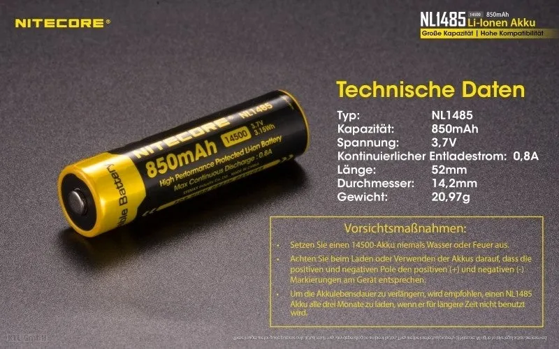 Nitecore 14500 - 850mAh, 3,6V - 3,7V NL1485 Li-Ion-Akku