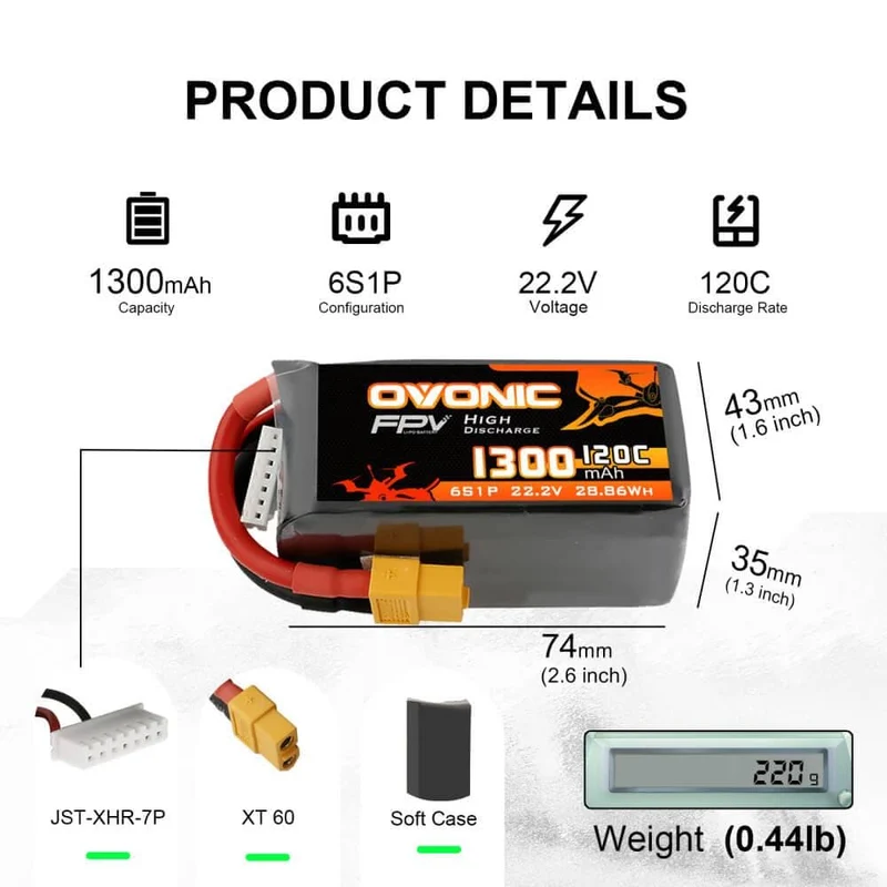 Ovonic FPV 6S 1300mAh 120C 22,2V XT60 für FPV Racing (2 St.)