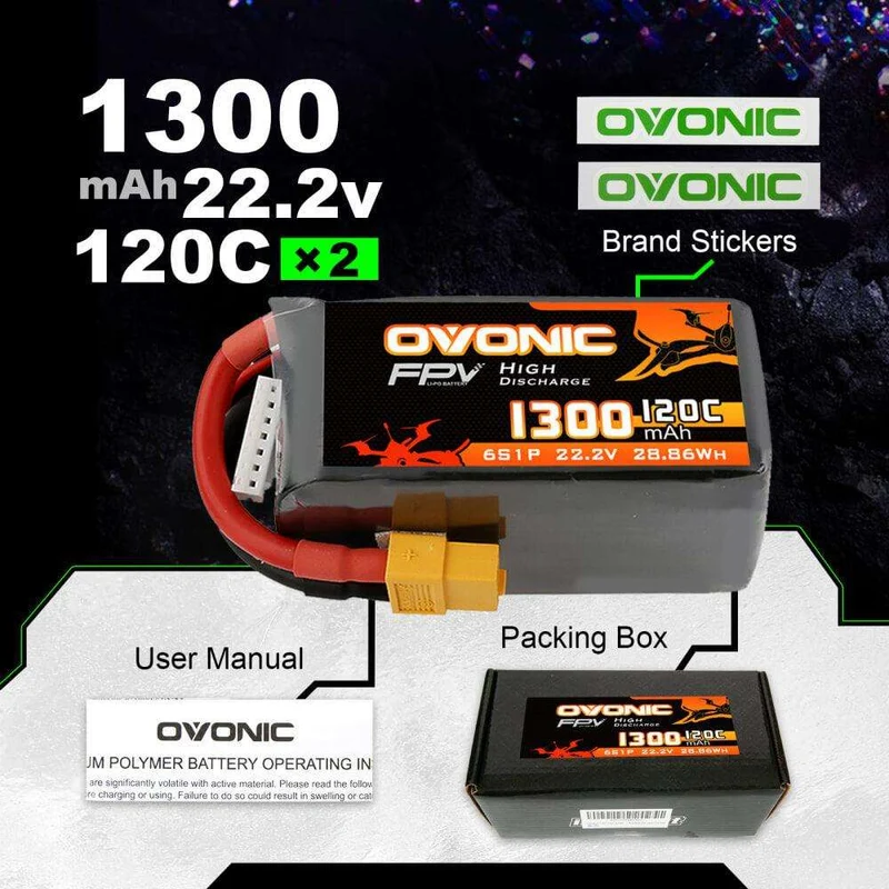 Ovonic FPV 6S 1300mAh 120C 22,2V XT60 für FPV Racing (2 St.)