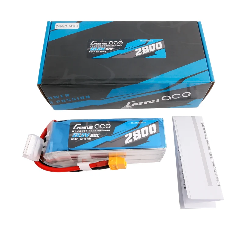 Gens Ace 2800mAh 22,2V 60C 6S1P Lipo Akkupack mit XT60 Stecker